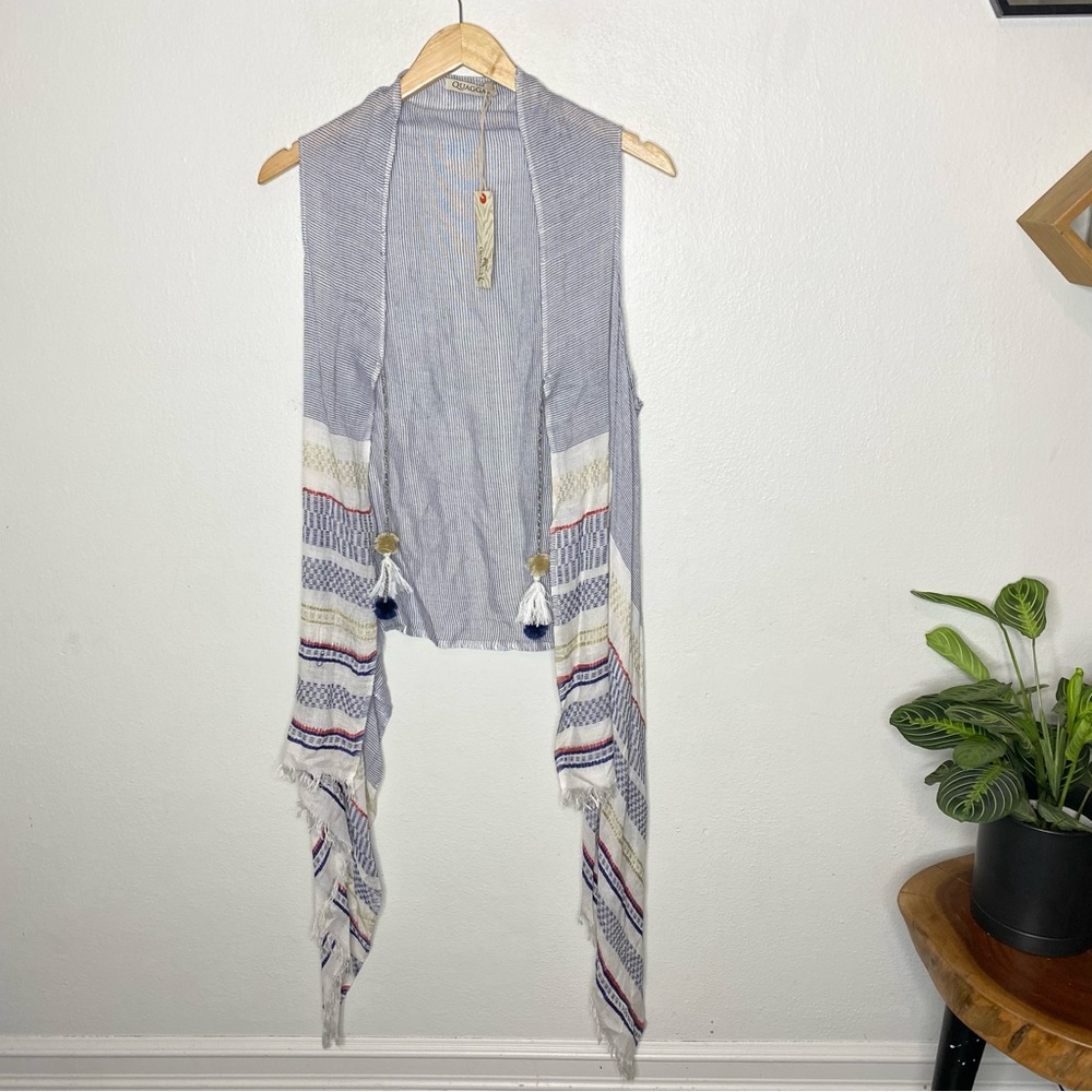 New Quagga Blue White Open Front Boho Vest Festival Fringe‎ Western